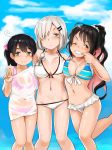  3girls ;) ahoge alternate_hairstyle bare_shoulders bikini black_hair blue_eyes blush breasts clouds commentary_request finger_in_mouth hair_ornament hair_over_one_eye hair_ribbon hairclip hamakaze_(kantai_collection) kantai_collection knees_together_feet_apart large_breasts leg_up long_hair looking_at_viewer multicolored_bikini multicolored_hair multiple_girls naganami_(kantai_collection) navel one_eye_closed pink_bikini pink_hair ponytail ribbon satsuki_neko scrunchie see-through shirt short_hair silver_hair sky smile swimsuit ushio_(kantai_collection) v wet wet_clothes wet_shirt white_bikini white_swimsuit yellow_eyes 