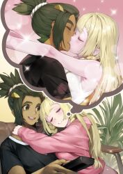  1boy 1girl absurdres aged_up alternate_costume arms_around_neck black_shirt blonde_hair braid camisole commission commissioner_upload controller couple dark-skinned_male dark_skin dreaming earrings hair_ornament hau_(pokemon) hetero highres hood hoodie hoop_earrings imagining jewelry kiss kousaku lillie_(pokemon) pink_hoodie plant pokemon pokemon_sm ponytail remote_control shirt skeb_commission sleeping sleeping_on_person smile sparkle speech_bubble thought_bubble 
