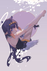  1girl absurdres bare_shoulders black_collar black_dress black_gloves blunt_bangs closed_mouth collar cross-laced_clothes cross-laced_dress detached_sleeves dress feathered_wings full_body fur-trimmed_collar fur_trim gloves gradient_hair half_gloves halo highres hololive hololive_english kiwwwwwi long_hair looking_at_viewer looking_back low_wings miniskirt multicolored_hair ninomae_ina'nis ninomae_ina'nis_(1st_costume) orange_hair orange_skirt pointy_ears purple_hair short_dress shoulder_blades sidelocks single_bare_arm single_bare_foot single_detached_sleeve single_thighhigh skirt skirt_under_dress solo straight_hair strapless strapless_dress tabi tentacle_hair thigh-highs tube_dress very_long_hair virtual_youtuber white_thighhighs white_wings wings 