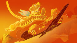  1boy 2022 aircraft airplane animal artist_name china chinese_zodiac clouds english_commentary flying flying_tigers highres julien_lepelletier military_vehicle monochrome mountain mountainous_horizon nose_art orange_background original outdoors p-40_warhawk pilot propeller propeller_fighter shark_nose_art sky tiger wings world_war_ii year_of_the_tiger 