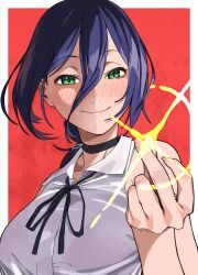  1girl absurdres black_choker black_ribbon blue_hair blush border breasts chainsaw_man choker closed_mouth collared_shirt commentary green_eyes hair_between_eyes highres large_breasts lewdrawings long_bangs looking_at_viewer neck_ribbon outside_border red_background reze_(chainsaw_man) ribbon shirt short_hair smile snapping_fingers solo upper_body white_border white_shirt 
