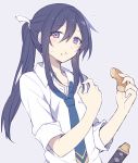  1boy blush commentary_request doughnut dress_shirt eating food food_on_face hijiri_(resetter) looking_at_viewer necktie original ponytail purple_hair shirt solo sword_hilt violet_eyes white_shirt 