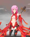 1girl absurdres aruyadita bare_shoulders black_legwear breasts cleavage commentary_request detached_sleeves elbow_gloves fingerless_gloves gloves guilty_crown hair_ornament hairclip highres long_hair looking_at_viewer microphone navel pink_hair red_eyes smile solo thigh-highs twintails yuzuriha_inori 