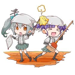  &gt;:o &gt;_&lt; 2girls :d :o alternate_headwear arm_warmers broom brown_eyes closed_eyes cloth commentary duster fudeyama_(fudeco) grey_hair grey_legwear hair_ornament hair_ribbon head_scarf kantai_collection kasumi_(kantai_collection) kneehighs long_hair multiple_girls ooshio_(kantai_collection) open_mouth pleated_skirt ponytail purple_hair ribbon school_uniform serafuku short_hair short_twintails side_ponytail skirt smile suspenders tenugui twintails unconventional_guitar 