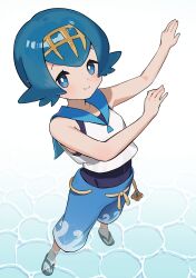  1girl absurdres blue_eyes blue_hair blue_shorts bright_pupils closed_mouth commentary_request dancing freckles from_above full_body furukawa_raku highres lana_(pokemon) looking_at_viewer pokemon pokemon_sm short_hair shorts smile solo standing wading white_pupils 
