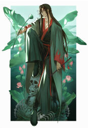  1boy absurdres black_boots black_hair black_hanfu bone boots border bud chenqing_flute chinese_clothes chinese_commentary coat deer_(deer423-81) dizi flower flute flute_tassel full_body grey_coat hair_down half_updo hanfu highres holding holding_flute holding_instrument holding_plant instrument knee_up leaf leg_up lily_pad long_hair long_sleeves looking_at_object looking_down lotus lotus_leaf lotus_pod male_focus modao_zushi official_alternate_costume official_alternate_hairstyle open_clothes open_coat parted_lips pink_flower plant red_eyes red_sash robe sash sidelocks sitting skeleton skull solo tassel transverse_flute very_long_hair water wei_wuxian wei_wuxian_(yiling_laozu) wide_sleeves 