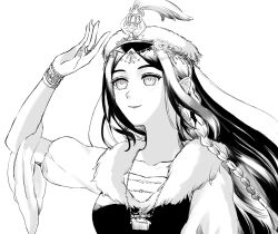  1girl bangle beads beret bracelet braid circlet closed_mouth comb eyelashes fingernails floating_hair fur-trimmed_vest fur_hat fur_trim greyscale hair_beads hair_ornament hand_on_own_head happy hat hat_feather highres jewelry juliet_sleeves kohanai_setsuna lipstick long_hair long_sleeves looking_ahead makeup monochrome multicolored_hair necklace nikki_(series) pointy_nose puffy_sleeves ring shining_nikki shirt side_braids simple_background smile solo streaked_hair stylist_(nikki) twin_braids upper_body veil very_long_hair vest white_background wide_sleeves wind 