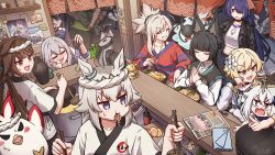  2025 6+girls absurdres acheron_(honkai:_star_rail) alternate_costume arknights arthur_pendragon_(fate) arthur_pendragon_(fate)_(cosplay) character_request chopsticks copyright_request cosplay crossover cuora_(arknights) cyrene_(honkai:_star_rail) english_commentary evernight_(honkai:_star_rail) fate/grand_order fate_(series) food fou_(fate) fou_(fate)_(cosplay) genshin_impact highres holding holding_chopsticks honkai:_star_rail honkai_(series) hoshimi_miyabi lumine_(genshin_impact) march_7th_(honkai:_star_rail) march_7th_(preservation)_(honkai:_star_rail) mem_(honkai:_star_rail) merlin_(fate/prototype) merlin_(fate/prototype)_(cosplay) mhunter_45 mihoyo miyamoto_musashi_(fate) mona_(genshin_impact) morgan_le_fay_(fate) multiple_crossover multiple_girls noodles oguri_cap_(umamusume) paimon_(genshin_impact) phainon_(honkai:_star_rail) ramen ramen_stand red_hare_(fate) seele_(alter_ego) seele_vollerei signature tailless_(zenless_zone_zero) tokai_teio_(umamusume) umamusume zenless_zone_zero 