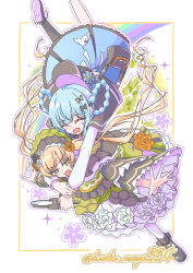  2girls absurdres asymmetrical_legwear bird black_capelet black_flower black_pantyhose black_rose black_shoes blonde_hair blue_dress blue_hair bonnet braid braided_hair_rings capelet closed_eyes deerstalker detective dress flower flower-trimmed_dress frilled_dress frills green_eyes hair_rings hat highres hisokuasagi334 holding holding_magnifying_glass hug lolita_fashion magical_girl magnifying_glass mahou_shoujo_no_majo_saiban mary_janes multiple_girls open_mouth orange_flower orange_rose outstretched_arms pantyhose rainbow rose shoes smile socks tachibana_sherry too_many too_many_frills toono_hanna white_bird white_flower white_rose white_socks yellow_flower yellow_rose yuri 