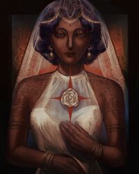  1girl bare_shoulders bindi bracelet bridal_veil commentary dark-skinned_female dark_skin dress earrings empty_eyes english_commentary floating_earrings flower gold_bracelet halter_dress halterneck henna highres himemiya_anthy i_m_e_a jewelry purple_hair rose shoujo_kakumei_utena solo upper_body veil wedding_dress white_dress white_flower white_rose 