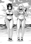  2girls arm_behind_back arms_behind_back atago_(kantai_collection) beach bikini breasts cleavage detached_collar fur_collar gloves highres kantai_collection large_breasts legs looking_at_viewer monochrome multiple_girls navel ocean open_mouth sandals short_hair side-tie_bikini smile standing swimsuit tachibana_roku takao_(kantai_collection) v 