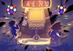  1girl 1other absurdres ahoge alphys arm_up backlighting blue_shorts blue_sweater blurry blurry_foreground boots brown_boots brown_hair coat collared_coat colored_skin disco_ball english_text fewer_digits frisk_(undertale) from_behind full_body glasses gloves hand_up highres holding holding_microphone indoors kiriyume knee_boots lab_coat legs_apart long_sleeves looking_at_another mechanical_arms mettaton mettaton_(box) microphone non-humanoid_robot open_mouth pink_sweater reptile_girl robot round_eyewear scene_reference short_hair shorts sparkle spotlight standing striped_clothes striped_sweater sweat sweater tail teeth turtleneck turtleneck_sweater twitter_username two-tone_sweater undertale upper_teeth_only utdr_(toby_fox) white-framed_eyewear white_coat white_gloves yellow_skin 