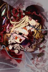  1girl absurdres alternate_hair_length alternate_hairstyle apple ascot blonde_hair blood blood_from_mouth blood_on_clothes blood_on_face bow chain character_doll closed_mouth collar crystal_wings cup doll dress flandre_scarlet flower food frilled_cuffs frilled_hat frilled_shirt_collar frills fruit fumo_(doll) hat hat_ribbon highres holding holding_stuffed_toy long_hair looking_at_viewer metal_collar mob_cap pink_dress pomegranate purple_hair red_ascot red_bow red_eyes red_flower red_ribbon red_rose red_skirt red_vest renke_(user_mphs8248) ribbon rose shirt skirt smile solo stuffed_toy touhou variant_set very_long_hair vest white_hat white_shirt wings wrist_cuffs 