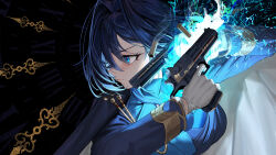  1girl absurdres blue_coat blue_eyes blue_hair blue_jacket blue_necktie blue_shirt closed_mouth coat coat_on_shoulders collared_shirt commentary desert_eagle dual_wielding english_commentary gloves gun hair_intakes handgun highres holding holding_gun holding_weapon hololive hololive_english jacket massiveyog medium_hair military_jacket military_uniform necktie official_alternate_costume official_alternate_hairstyle ouro_kronii ouro_kronii_(4th_costume) shell_casing shirt solo virtual_youtuber weapon white_gloves wolf_cut 