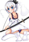  1girl absurdres blush hair_ribbon highres katana kneeling konpaku_youmu konpaku_youmu_(ghost) long_sleeves looking_at_viewer looking_back off_shoulder open_clothes open_shirt ribbon school_swimsuit shirt short_hair silver_hair solo swimsuit sword thigh-highs tokoya touhou weapon white_legwear 