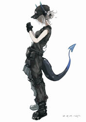  1girl absurdres arknights artist_name baseball_cap black_boots black_gloves black_pants black_shirt boots breasts chest_harness dated dragon_girl dragon_horns dragon_tail from_side gloves grey_hair harness hat highres horns liskarm_(arknights) pants pppmepl shirt simple_background solo standing tactical_clothes tail white_background 
