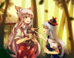 2girls :d bamboo bamboo_forest blue_dress bow building carrying dress eredhen forest fujiwara_no_mokou hair_bow hat kamishirasawa_keine long_hair multiple_girls nature nose_poke open_mouth pants puffy_short_sleeves puffy_sleeves rabbit red_eyes shirt short_sleeves silver_hair smile suspenders touhou very_long_hair 