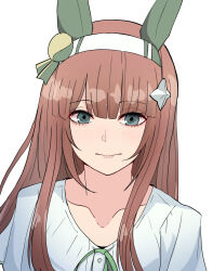  1girl animal_ears brown_hair closed_mouth collarbone green_ribbon grey_eyes hairband highres horse_ears kawamochi_(tddm3573) long_hair looking_at_viewer neck_ribbon ribbon shirt silence_suzuka_(umamusume) simple_background solo umamusume upper_body white_background white_hairband white_shirt 