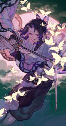  1girl animal_print bug butterfly butterfly_hair_ornament butterfly_print demon_slayer_uniform earrings hair_ornament hanafuda_earrings haori highres japanese_clothes jewelry katana kimetsu_no_yaiba kochou_shinobu purple_butterfly ruupoppo solo sword sword_writing weapon 