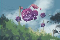  alternate_color artist_name blue_sky clouds day evolutionary_line fangs highres koffing no_humans outdoors pokemon pokemon_(creature) power_lines shiny_pokemon sky taplaos tree weezing 