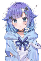  1girl ? black_choker blue_eyes blue_hair blue_hoodie blush choker gradient_hair hair_ornament highres hood hoodie looking_at_viewer messy_hair multicolored_hair open_mouth simple_background solo tsumugi_kokage upper_body virtual_youtuber vspo! white_background yunagi_(yng_hoti) 