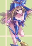  1girl absurdres bare_shoulders blonde_hair blue_eyes blush_stickers breasts cleavage dark_magician_girl fingerless_gloves gloves hand_on_headwear hat highres legs long_hair looking_at_viewer maruchi shiny simple_background smile solo sparkle wand wizard_hat yuu-gi-ou 