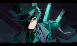  1boy absurdres aiguillette aqua_hair aqua_necktie black_border black_coat black_eyes black_hair black_hat black_shirt blind_obsession_(e.g.o) border coat collared_shirt e.g.o_(project_moon) epaulettes fluorescent_lamp grey_background hat highres limbus_company looking_at_viewer male_focus may.l multicolored_hair necktie peaked_cap project_moon shirt simple_background solo upper_body yi_sang_(project_moon) 