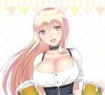  1girl alcohol alternate_costume beer beer_mug bismarck_(kantai_collection) blonde_hair blue_eyes blush breasts cleavage dirndl eko german_clothes kantai_collection large_breasts long_hair looking_at_viewer oktoberfest open_mouth smile solo 