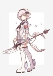  1girl black_bow black_bowtie bow bowtie bud butter_run fingerless_gloves flower_ornament gloves hairband highres magical_girl mahou_shoujo_ikusei_keikaku pink_hair polearm school_uniform short_hair snow_white_(mahoiku) spear thigh-highs weapon white_thighhighs yellow_eyes 