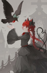  1girl absurdres animal_ears animalization bird black_bird bow braid cat_ears cat_tail closed_mouth commentary extra_ears green_bow hair_bow highres kaenbyou_rin long_hair long_sleeves multiple_hair_bows multiple_tails nekomata rain red_eyes red_hair red_nails reiuji_utsuho reiuji_utsuho_(bird) smile tail touhou twin_braids two_tails wide_sleeves yuuneka 