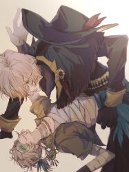  2boys andrew_kreiss andrew_kreiss_(desolate_sand) arched_back bandaged_arm bandaged_torso bandages blonde_hair brown_capelet brown_coat brown_gloves capelet coat cowboy_hat cropped_jacket dip_(dance_move) feather_hair_ornament feathers frown gloves gold_jewelry green_feathers green_jacket grin hair_ornament hair_over_one_eye hat hat_feather highres hit-hit identity_v jacket jewelry looking_at_another looking_up luca_balsa luca_balsa_(viper) male_focus multiple_boys ponytail red_eyes red_feathers smile white_hair 