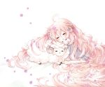  1girl :&lt; absurdly_long_hair ahoge arm_pillow bangs barefoot blush closed_eyes dress flower fur_trim hair_between_eyes hair_flower hair_ornament highres horns long_hair niwako original pink_flower sheep sheep_horns sitting solo very_long_hair 