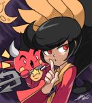  1girl ashley_(warioware) big_hair bigdead93 black_hair demon finger_to_mouth long_hair polearm red_eyes shushing solo_focus trident twintails warioware weapon wide_sleeves 