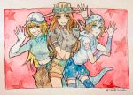  3girls baggy_pants bandage_on_face blonde_hair blue_eyes brown_hair cowboy_hat diego_brando feathers fingerless_gloves genderswap gloves goggles_on_hat green_eyes gyro_zeppeli hat johnny_joestar jojo_no_kimyou_na_bouken long_hair multiple_girls navel pants sandsawako scary_monsters_(stand) short_hair short_shorts shorts stand_(jojo) star starry_background steel_ball_run tail thigh-highs traditional_media twitter_username watermark web_address white_gloves wristband zettai_ryouiki 