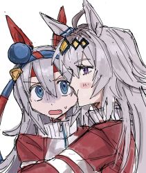  15_393 2girls ahoge animal_ears biting biting_cheek blue_eyes blush bow cheek_pull chewing ear_bow ear_covers ear_ornament fang gloom_(expression) grey_hair hair_between_eyes hairband headband highres horse_ears horse_girl horse_tail jacket long_hair long_sideburns looking_at_another multiple_girls oguri_cap_(umamusume) open_mouth puffy_cheeks red_jacket red_track_suit sideburns tail tamamo_cross_(umamusume) tracen_training_uniform track_jacket track_suit umamusume upper_body violet_eyes white_background zipper 