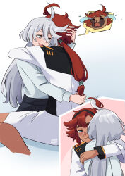 2girls absurdres ahoges_touching animalization artist_name asticassia_school_uniform black_hairband blue_eyes blush commentary eenakulot grey_eyes grey_hair gundam gundam_suisei_no_majo hairband hand_in_another&#039;s_hair hand_on_another&#039;s_head highres jacket long_hair long_sleeves miorine_rembran multiple_girls open_mouth ponytail red_hair school_uniform shirt shorts smile suletta_mercury tanuki tears textless_version thick_eyebrows white_jacket white_shirt white_shorts yuri 