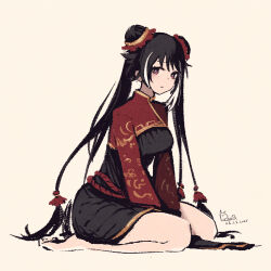  1girl absurdres barefoot black_dress black_hair breasts chinese_clothes double_bun dress full_body hair_bun highres jia_xichun_(project_moon) limbus_company long_hair long_sleeves looking_at_viewer multicolored_hair pink_eyes project_moon red_shrug rnna rope_belt seiza shrug_(clothing) simple_background sitting solo streaked_hair twintails white_background white_streaks 