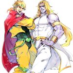  2boys blonde_hair cape catsizuru dio_brando dual_persona facial_mark heaven_ascended_dio jacket jojo_no_kimyou_na_bouken jojo_no_kimyou_na_bouken:_eyes_of_heaven long_hair multiple_boys purple_skin yellow_jacket 