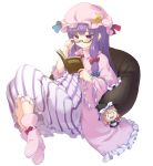  1girl :&lt; absurdres adjusting_glasses ankle_boots bangs black-framed_glasses blue_ribbon blunt_bangs blush book boots bow collar crescent_moon_pin doll dress ebiebiebio frills glasses hair_bow hat hat_ribbon highres kirisame_marisa long_hair long_sleeves low_twintails lying nightgown on_back open_book patchouli_knowledge pillow pink_boots purple_hair reading red_bow red_ribbon ribbon semi-rimless_glasses simple_background solo touhou twintails under-rim_glasses vertical_stripes very_long_hair white_background 