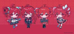  1girl ahoge black_jacket chibi chibi_only commentary_request detached_sleeves drill_hair full_body gloves grey_skirt jacket kasane_teto lineup long_sleeves mawarusanso multiple_views open_mouth red_eyes red_gloves red_hair skirt smile twin_drills utau wristband 