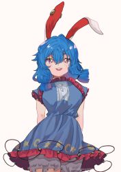  1girl animal_ears arms_behind_back bloomers blue_dress blue_hair blush breasts commentary dress frills hair_between_eyes highres looking_at_viewer medium_breasts open_mouth rabbit_ears rabbit_girl red_eyes seiran_(touhou) short_sleeves smile solo teeth touhou uchisaki_himari upper_teeth_only white_bloomers 