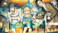  1girl 2boys ahoge blonde_hair blue_sky blush brown_eyes brown_hair camping can drink_can fate/grand_order fate_(series) food food_on_face glasses grey_hair hair_ribbon highres holding holding_can jacket jewelry long_sleeves multiple_boys necklace official_art okita_souji_(fate) open_mouth outdoors popcorn ribbon saitou_hajime_(fate) scottie_(phantom2) second-party_source shirt short_hair shorts sitting sky tent track_jacket tree violet_eyes yamanami_keisuke_(fate) yellow_eyes 