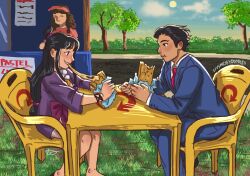  1boy 1girl ace_attorney biiiyeiliot black_hair blue_jacket blue_suit blunt_bangs cheese cheese_trail collared_shirt food food_stand formal_clothes highres holding holding_food jacket jewelry long_hair long_sleeves magatama magatama_necklace maya_fey necklace necktie pants phoenix_wright purple_jacket shirt short_hair skol spiky_hair suit vest white_shirt 