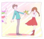  1girl 6+boys a_monaca braid brown_hair choromatsu covering_face flower highres ichimatsu jyushimatsu jyushimatsu&#039;s_girlfriend karamatsu long_hair multiple_boys osomatsu-kun osomatsu-san osomatsu_(osomatsu-kun) short_hair smile tears todomatsu wristband 