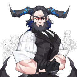 2boys 3girls aradia_ravencroft beard black_gloves black_hair commentary dasdokter demon_horns demon_wings english_commentary facial_hair family flexing gloves highres hololive hololive_english horns long_hair looking_at_viewer malpha_ravencroft malphis_ravencroft malphis_ravencroft_ii mamarissa multiple_boys multiple_girls muscular muscular_male nerissa_ravencroft paparissa red_eyes scar solo_focus virtual_youtuber wings