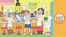  3girls antique_phone apron aqua_eyes arawi_keiichi_(style) artist_request ayumu_niikura bar_stool bell black_boots black_hair black_skirt blue_eyes blue_shorts blush boots bowl broccoli brown_boots brown_hair buttons camera cat chef_hat chopsticks city_(arawi_keiichi) collared_jacket commentary_request company_name cooking_pot copyright_name copyright_notice counter cup dot_nose double-breasted double-parted_bangs drawstring egg english_text fish food french_fries fruit frying_pan full_body hat high_collar holding holding_camera holding_chopsticks holding_food holding_frying_pan holding_ladle hood hood_down izumi_wako jacket ketchup knee_boots ladle legs_apart lettuce long_skirt magnet makabe_(city) medium_hair mimineko miniskirt multiple_girls nagumo_midori neck_bell nezumi_orikou noodles official_alternate_costume omelet omurice open_mouth orange_(fruit) orange_slice pepper_shaker phone pink_skirt plate ponytail promotional_art puff_of_air ramen red_nose red_shoes red_skirt refrigerator refrigerator_magnet rotary_phone salt_shaker second-party_source shoes short_hair shorts shrimp shrimp_tempura sidelocks skirt sleeve_cuffs sleeves_rolled_up sneakers soy_sauce soy_sauce_bottle sparkle spatula standing stool stream tall_hat tempura tomato toque_blanche translation_request undershirt v-shaped_eyebrows waist_apron water white_apron white_cat white_fur white_hat white_hood white_jacket white_shoes white_sleeve_cuffs white_sleeves white_tail yellow_eyes 