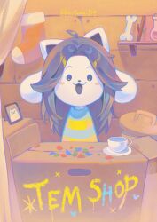  :3 :d absurdres ahoge animal animal_focus annoying_dog black_eyes blue_shirt blush_stickers bone box christmas_stocking commentary cup curtained_hair curtains english_commentary english_text flask grey_hair halftone halftone_background highres indoors kiriyume leaf long_hair looking_at_viewer open_mouth parted_bangs picture_frame plate round-bottom_flask shelf shirt simple_background smile solid_circle_eyes solo stick straight-on striped_clothes striped_shirt temmie tongue twitter_username two-tone_shirt undertale upper_body utdr_(toby_fox) white_fur wooden_wall yellow_shirt 