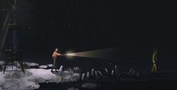  2boys black_sky disco_elysium flashlight from_side harry_du_bois highres holding holding_flashlight jacket kim_kitsuragi ladder mimulishizi multiple_boys night orange_jacket outdoors profile rock scenery sky snow utility_pole walking water wide_shot 