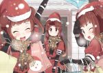  3girls :d ;d ^_^ bag brown_hair christmas closed_eyes commentary_request double_bun hat jintsuu_(kantai_collection) kantai_collection long_hair multiple_girls naka_(kantai_collection) one_eye_closed open_mouth santa_hat school_uniform sendai_(kantai_collection) serafuku shopping_bag smile tonari_no_kai_keruberosu 