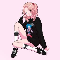  1girl ankle_socks black_shoes black_sleeve_cuffs black_sleeves black_sweater character_print english_commentary english_text eyes_visible_through_hair full_body grey_eyes hair_bobbles hair_intakes hair_ornament laces lipstick looking_at_viewer makeup medium_hair narume official_alternate_costume one_side_up parted_bangs pink_hair print_sweater red_lips shoes sitting sleeve_cuffs smile sneakers socks solo sonic_(series) sonic_the_hedgehog sweater wavy_hair white_socks 